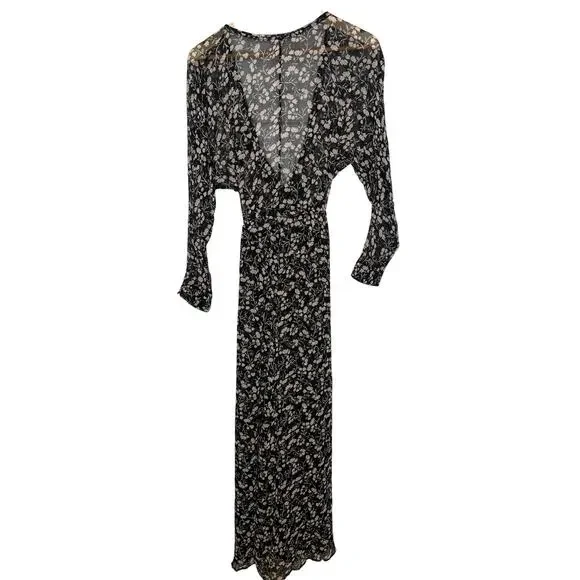 Poupette St Barth M Sheer Ilona Maxi Wrap Dress 100% Silk Long Sleeve Black NEW! - Picture 5 of 11